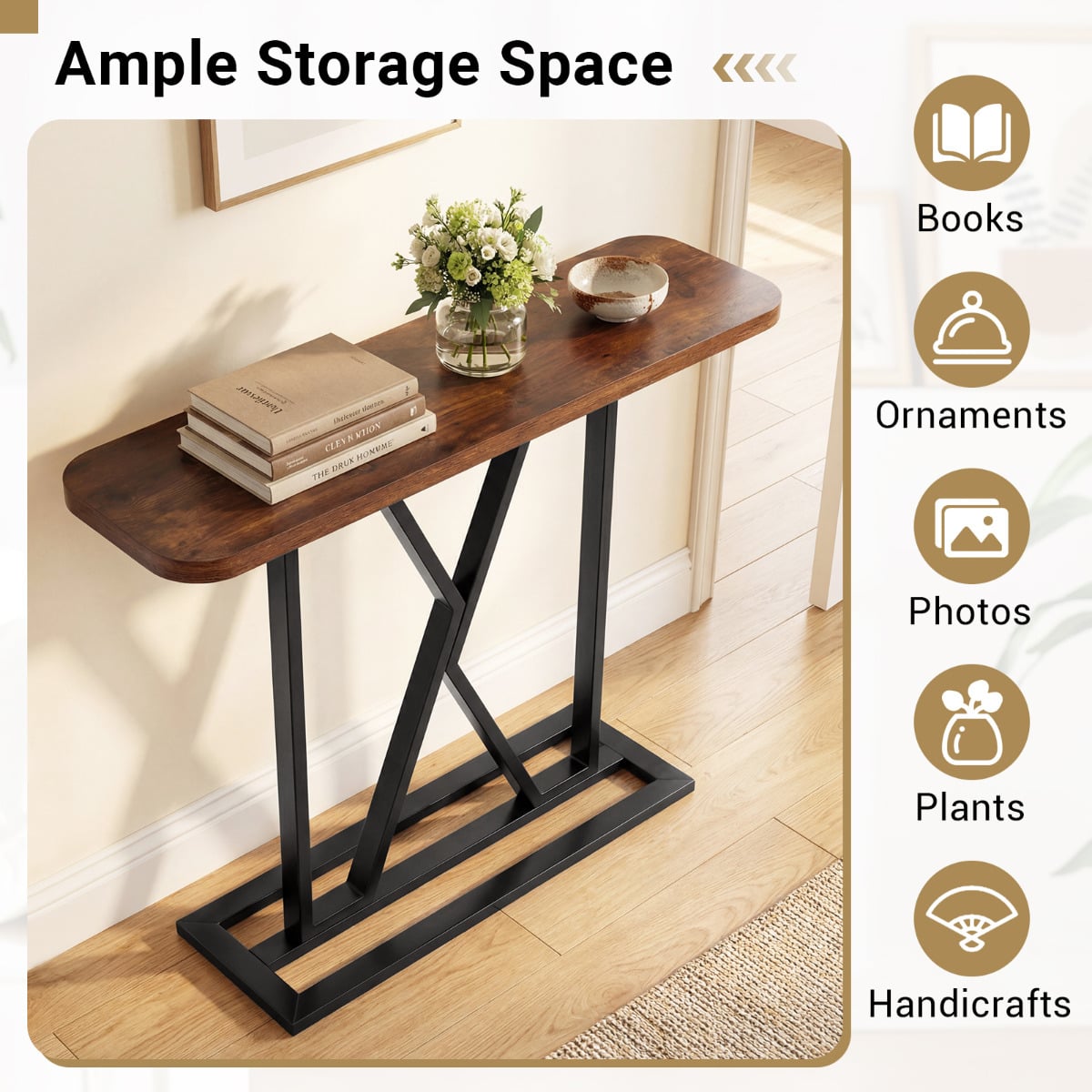 100 cm Rectangular Console Table with Geometric Metal Frame-Rustic Brown