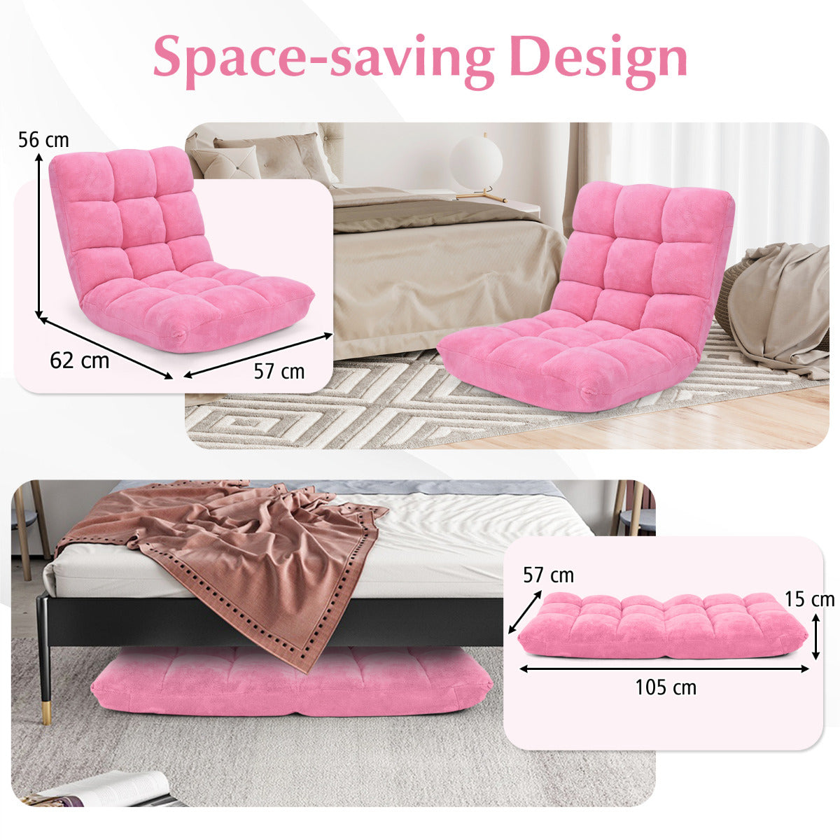 Coral Velvet Floor Gaming Chair with 14-Position Adjustable Back-Pink