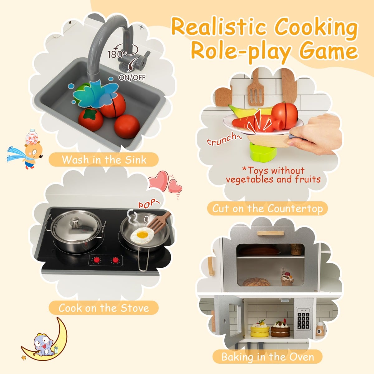 Wooden Corner Play Kitchen with Sounds and Lights for Kids