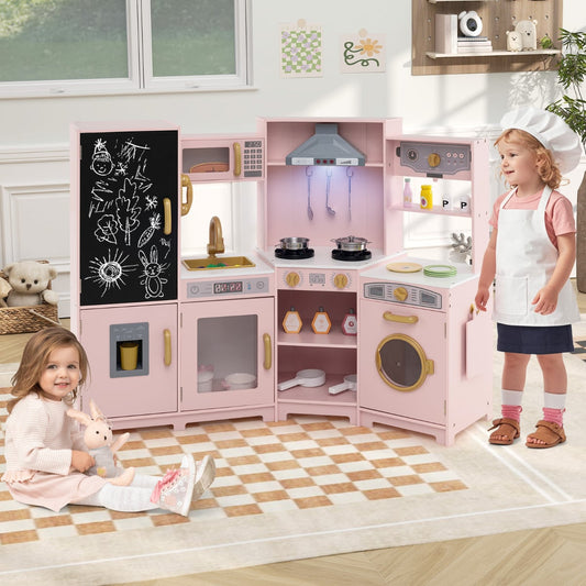 Corner Wooden Play Kitchen with Lights Sounds Toy Kitchen Playset-Pink