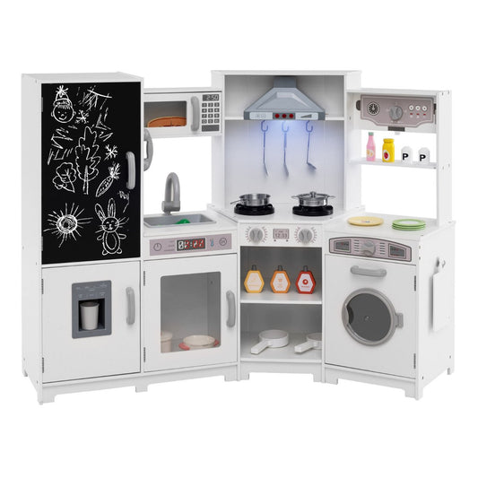 Corner Wooden Play Kitchen with Lights Sounds Toy Kitchen Playset-White