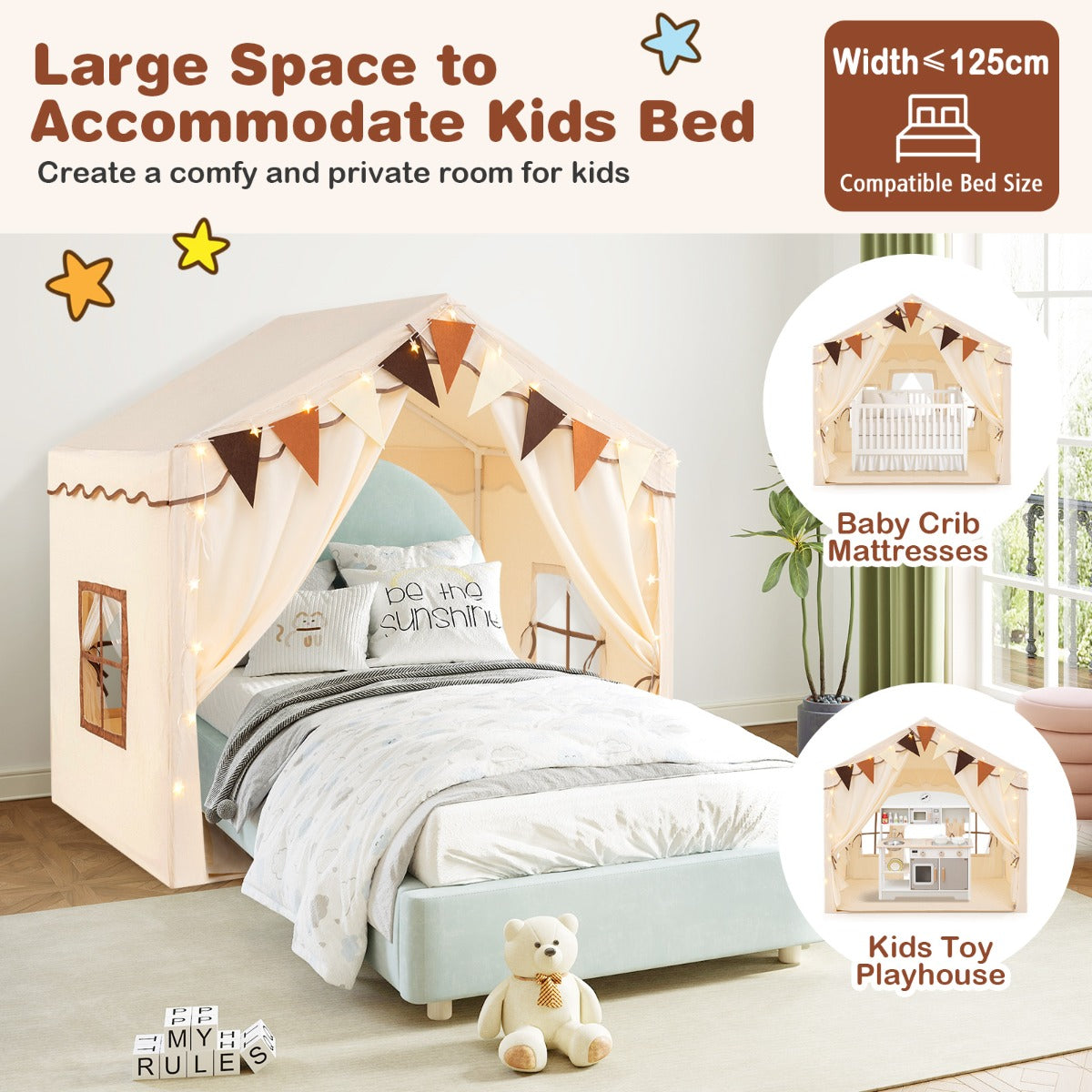 3-4 Kids Large Play Tent House with 2 Opening Doors Star Lights and Plaid Pennants-Beige