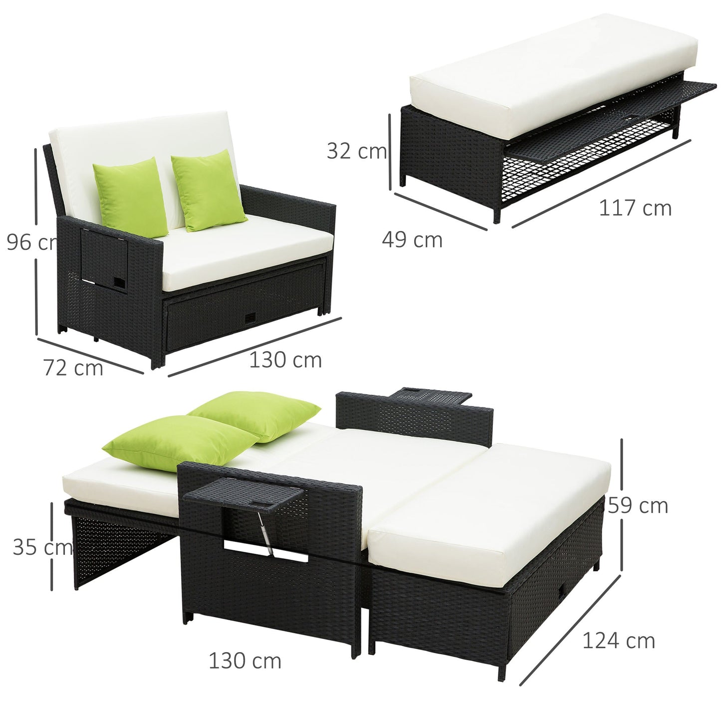 Outsunny Rattan 2-osobowa sofa leżanka łóżko-czarna