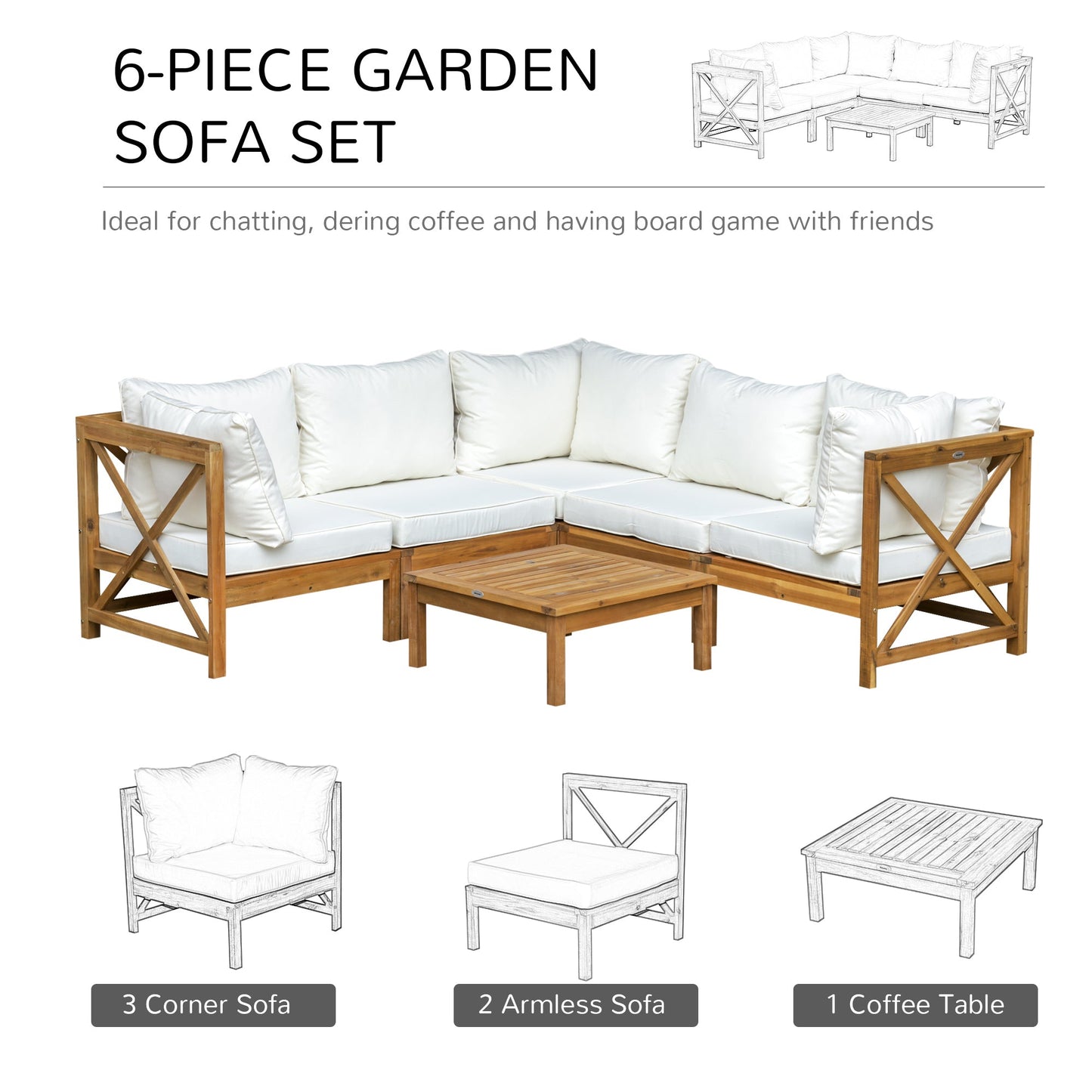 Outsunny 6-częściowy elegancki zestaw do jadalni na patio z drewnianą ramą i poduszkami, stolik kawowy, meble ogrodowe, sofa, balkon, patio, kremowo-biały