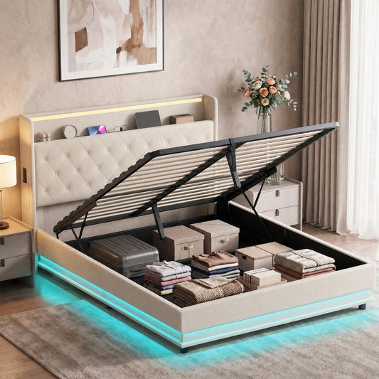HOMCOM 5ft King Bed Frame with Headboard, Platform Bed Frame with Hydraulic Storage, LED Lights and Charging Station, White