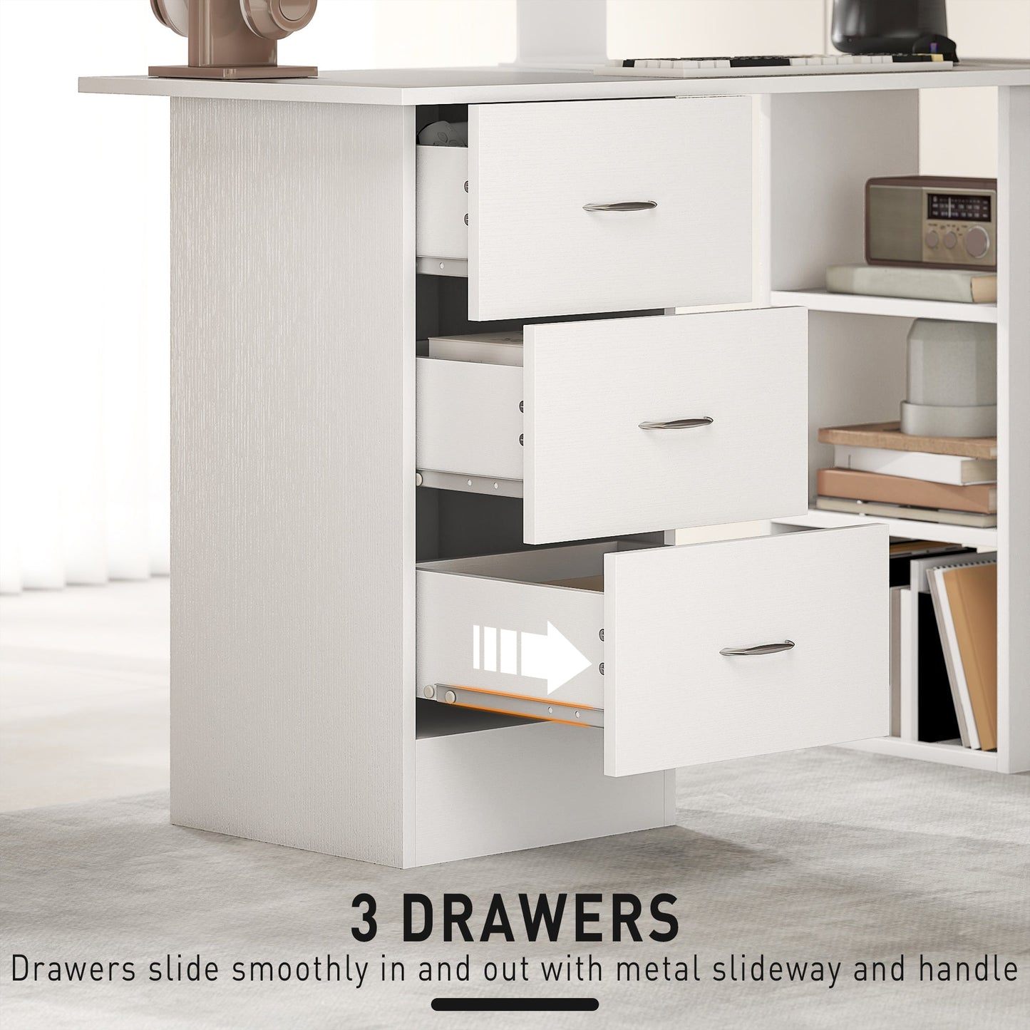 HOMCOM Computer Desk, Writing Table, PC Workstation with 3 Storage Shelves and Drawers, Silver Handle, for Home Office, White