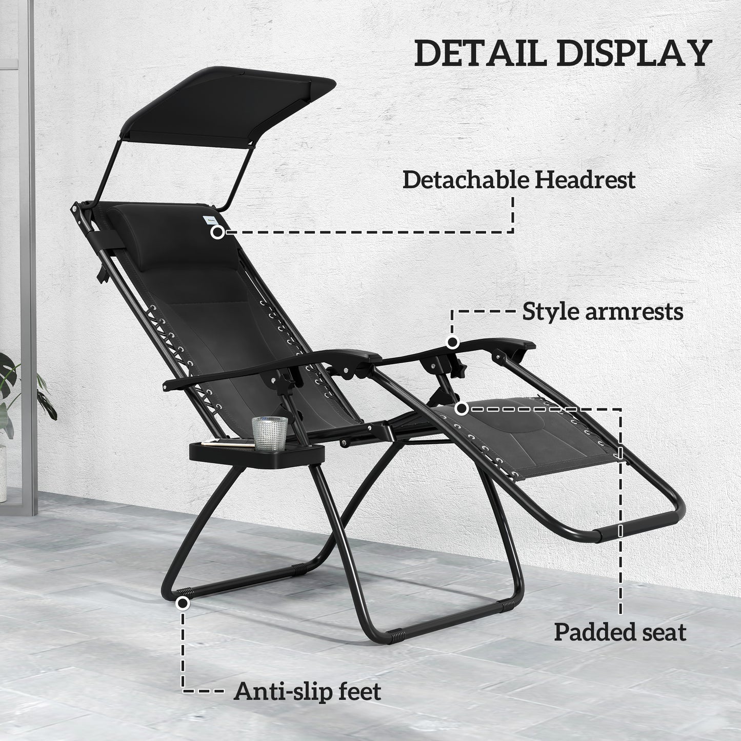 Outsunny Zero Gravity Lounger Chair, składany rozkładany fotel ogrodowy z osłoną przeciwsłoneczną, wyściełane siedzisko, uchwyt na kubek, miękka poduszka i zagłówek do użytku przy basenie, kempingowy, czarny