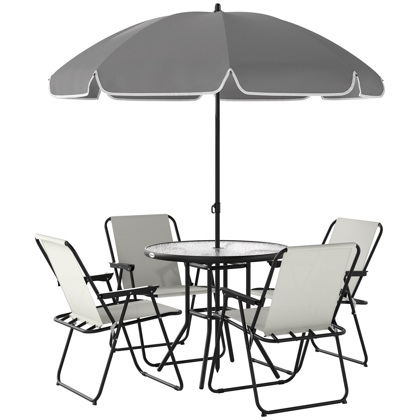 Zestaw mebli ogrodowych Outsunny 4 Seater, 6 elementów, stół ogrodowy i krzesła z parasolem, zestaw jadalny do ogrodu na zewnątrz ze składanymi krzesłami i okrągłym szklanym blatem na patio, kremowo-biały