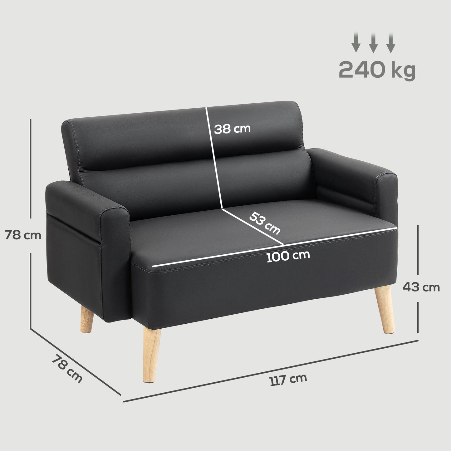 HOMCOM Mała 2-osobowa sofa ze sztucznej skóry - czarna