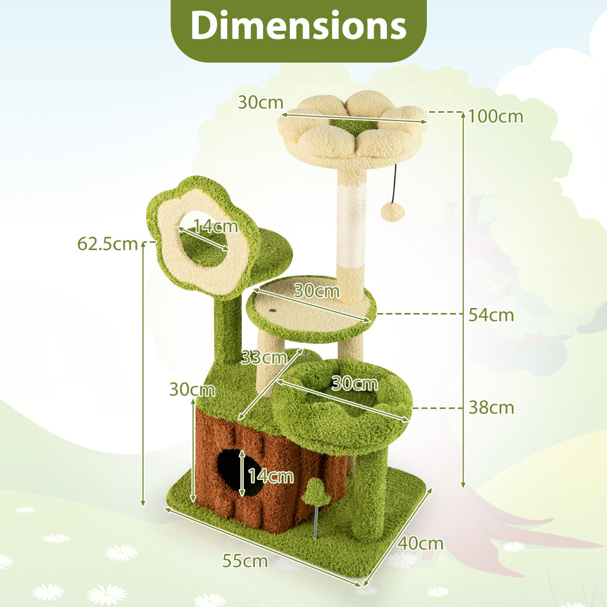Cute Cat Tree for Adult Cats with Trunk Condo and Flower Perch-Green