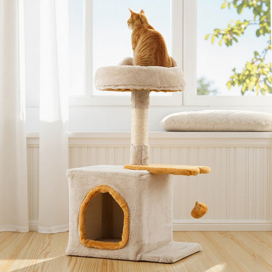 Cute Kitty Tower with Plush Perch for Indoor Kittens-Yellow