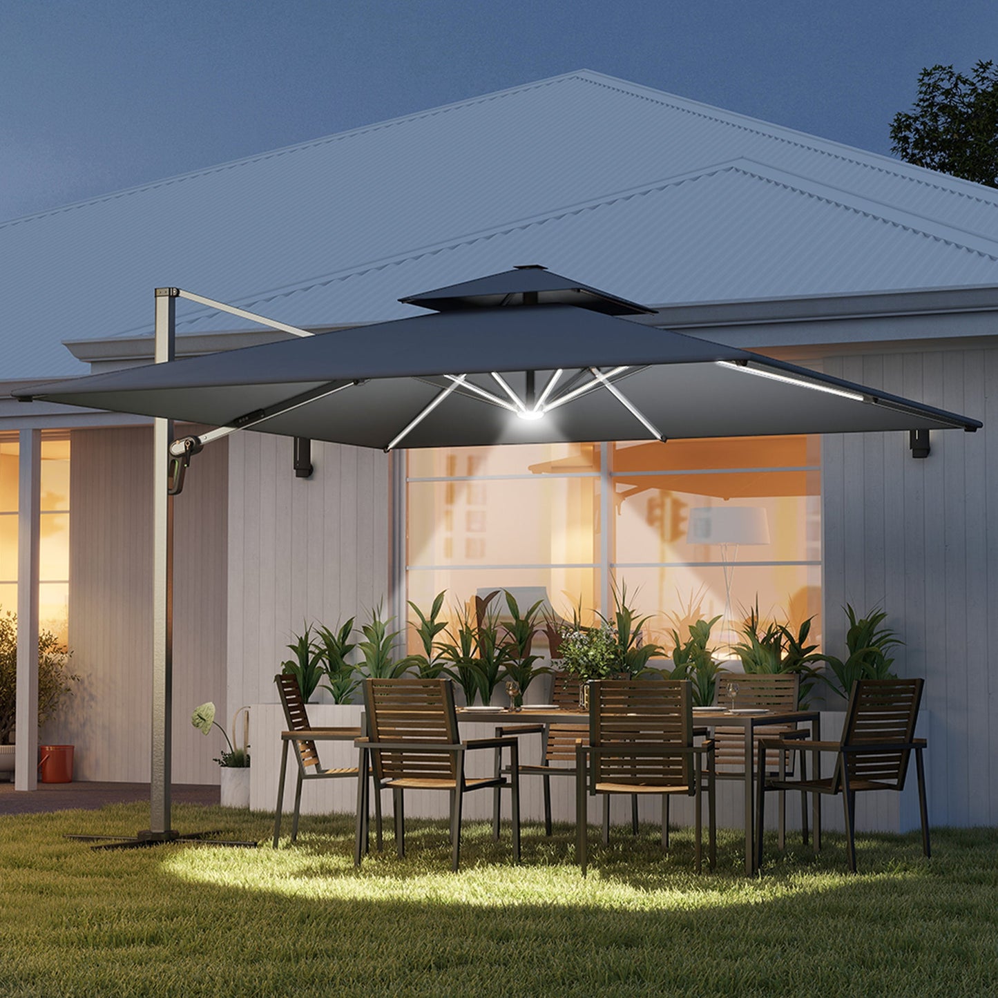 Outsunny 3(m) Parasol ogrodowy z wysięgnikiem i lampami LED zasilanymi energią słoneczną, podstawa krzyżowa, obrót 360√Ǭ∞, korba i pochylenie, szary