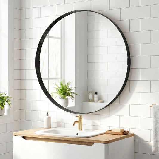 HOMCOM Round Wall Mirror 61 cm, Wall Mounted Bathroom Mirror with Tempered Safety Glass and Aluminium Alloy Frame, Black