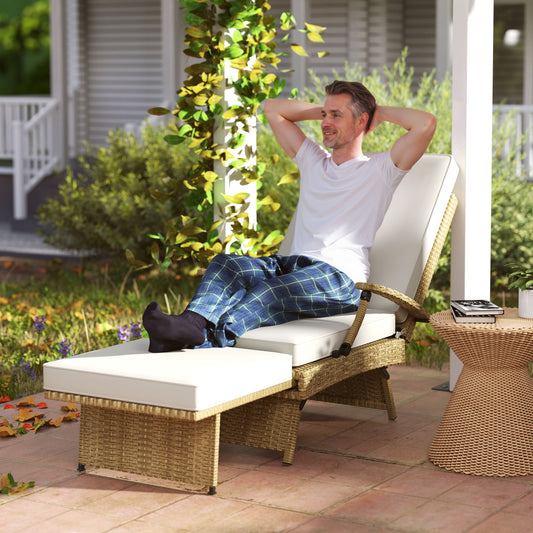 Outsunny 80 Reclining Rattan Lounger - White/Beige
