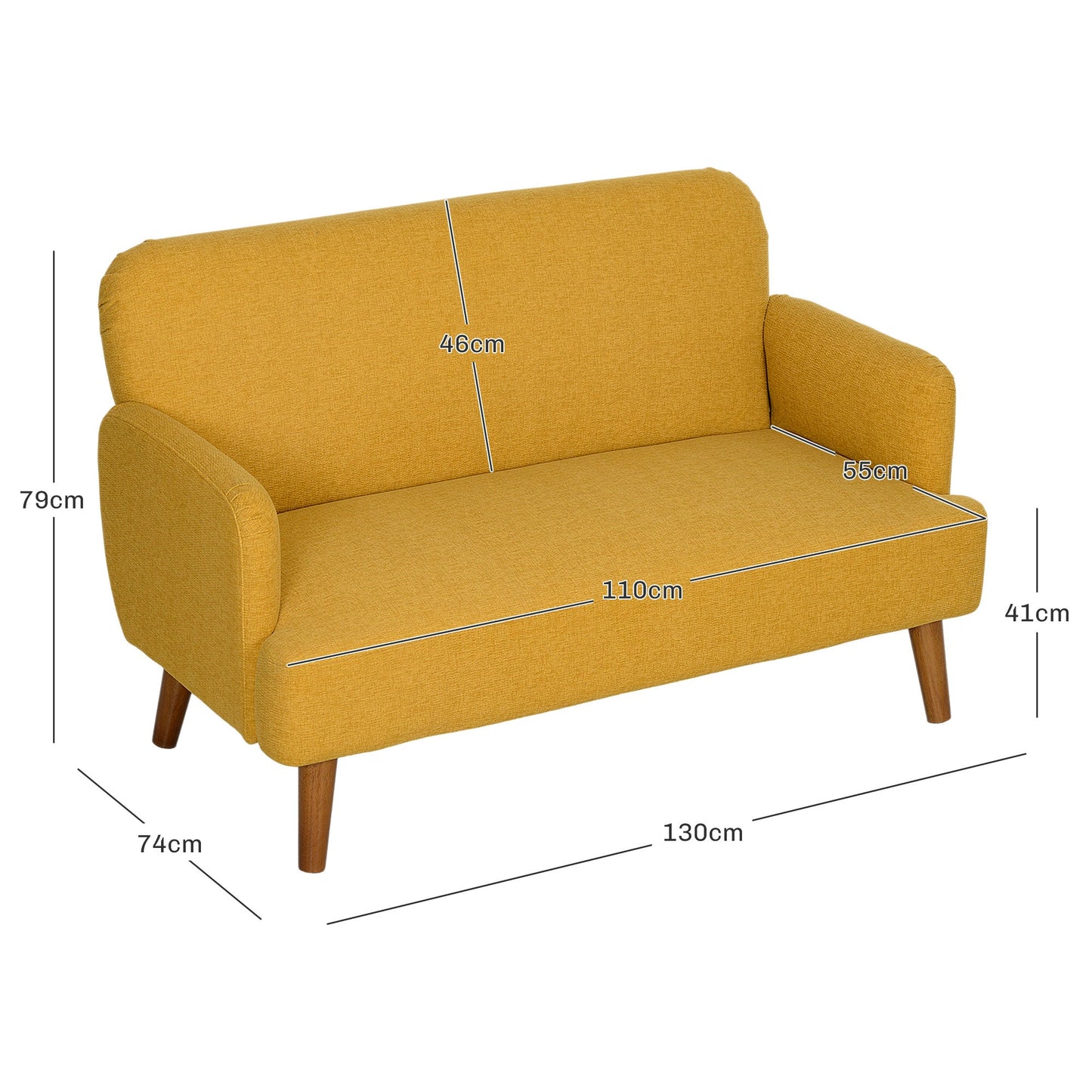 HOMCOM Sofa dwuosobowa z tkaniny Velvet Feel, mała sofa dwuosobowa z wypełnieniem o grubości 21 cm i drewnianymi nogami, żółta