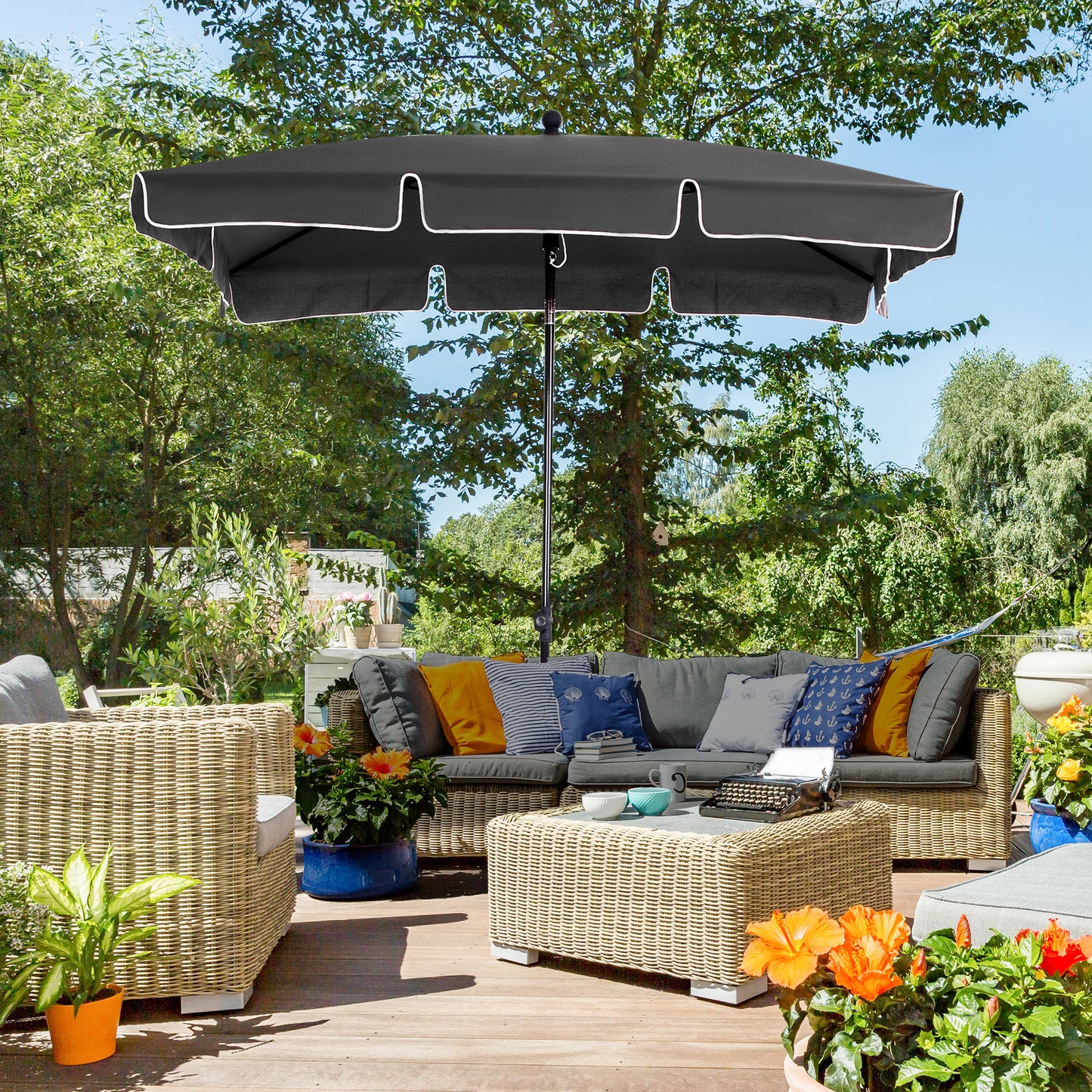 Outsunny Garden Parasol Parasol, Parasol ogrodowy na targowisko zewnętrzne z falbankami i aluminiowym drążkiem, prostokątny, uchylny daszek przeciwsłoneczny, 2 x 1,3 m, szary