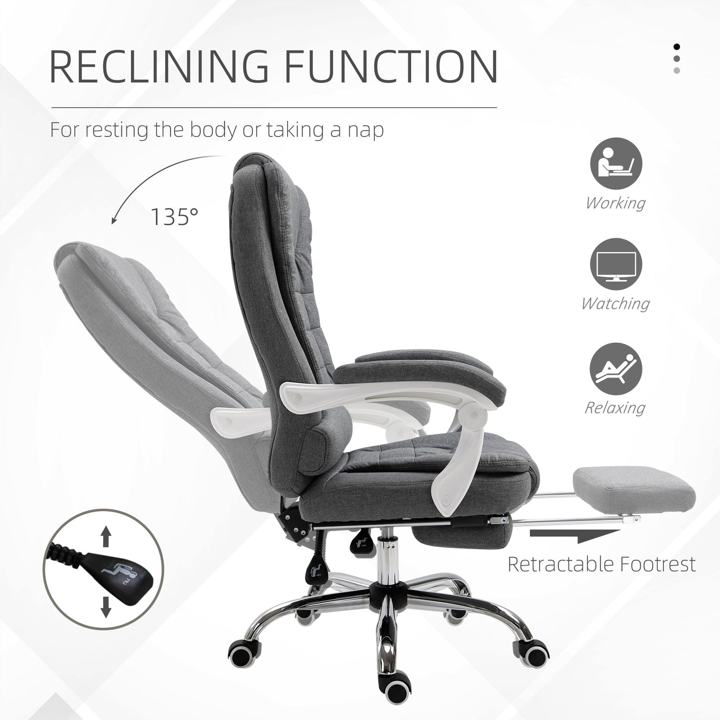 Vinsetto Office Chair, Computer Desk Chair, Linen Fabric Swivel Rolling Task Chair with Large Soft Padded Cushion, 135 Reclining Backrest and Retractable Footrest, Grey
