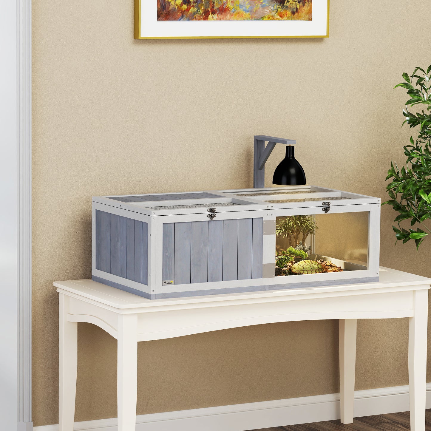 PawHut Wooden Tortoise House with Lamp Holder, Clear Windows, Openable Tops, Built-In Tray, Light Grey