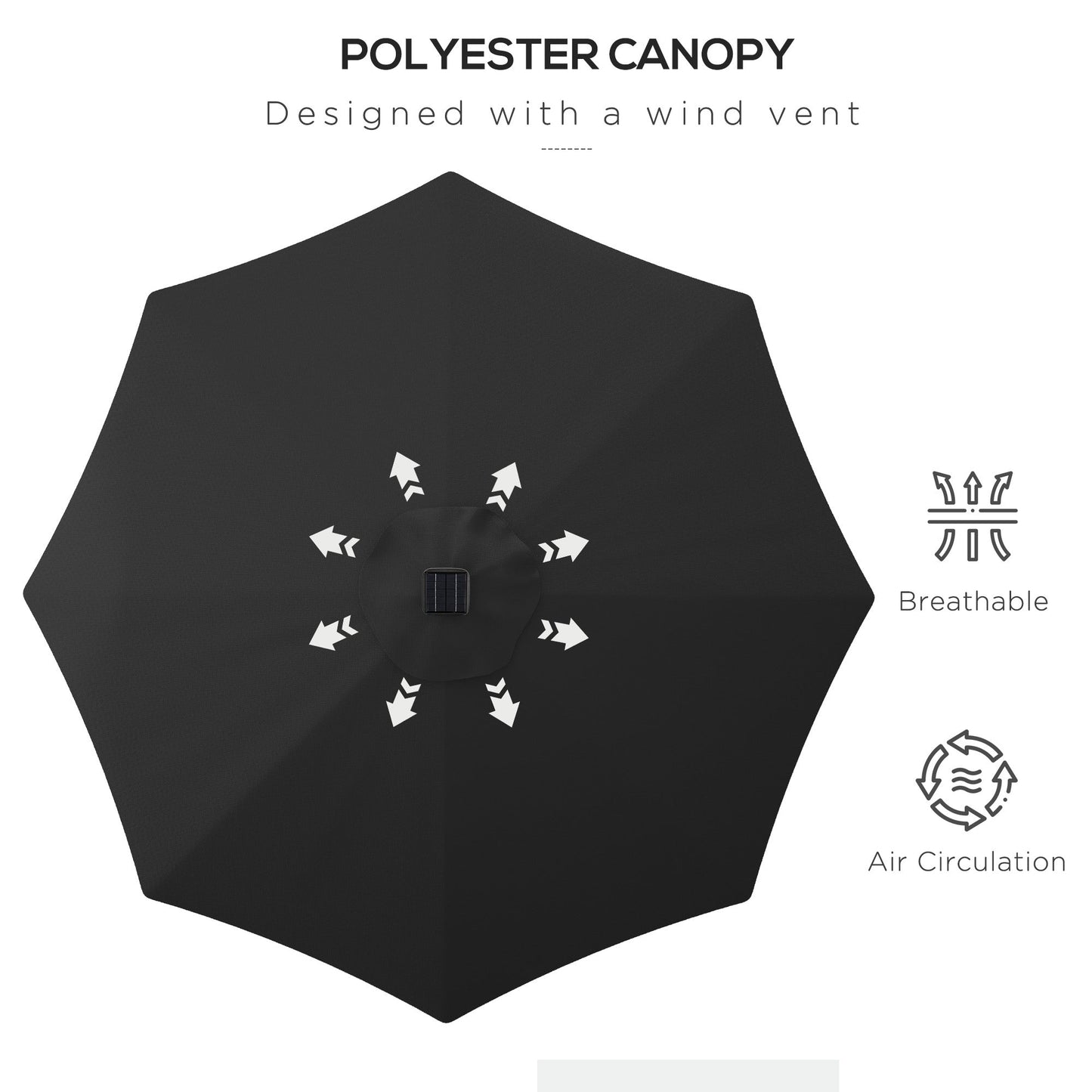 Outsunny 2,7 m Parasol ogrodowy Solarny Zewnętrzny Parasol słoneczny z uchylnym dachem Patio z 24 diodami LED, korbą ręczną i 8 żebrami, czarny