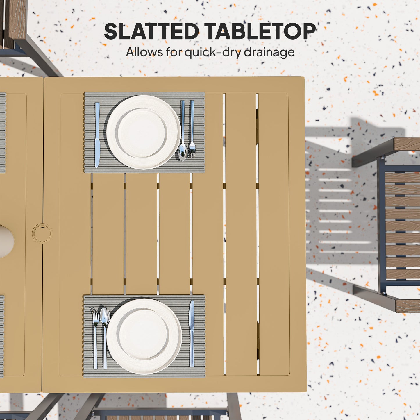 Outsunny Garden Dining Table dla 6 osób, prostokątny stolik kawowy do ogrodu z otworem na parasol 5 cm, blatem z listew i stalową ramą na taras i balkon, brązowy