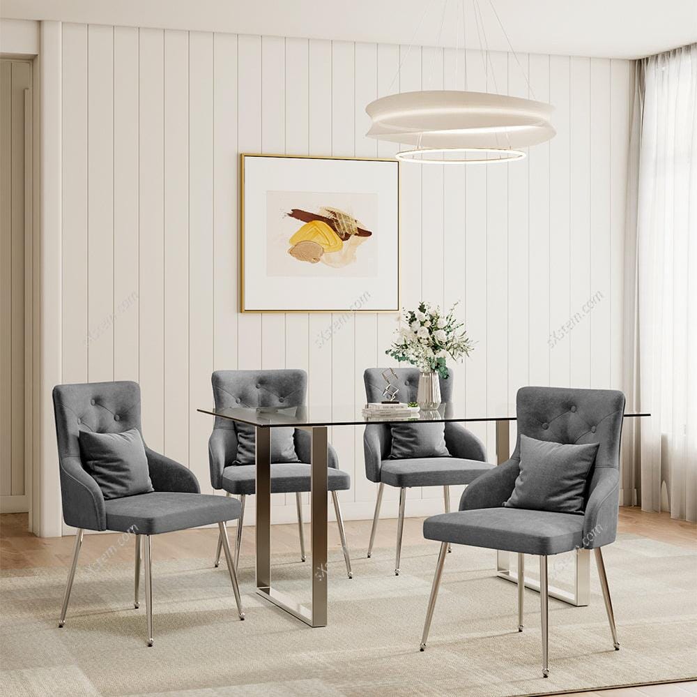 Grey Velvet Tufted Dining Chair with Cushion