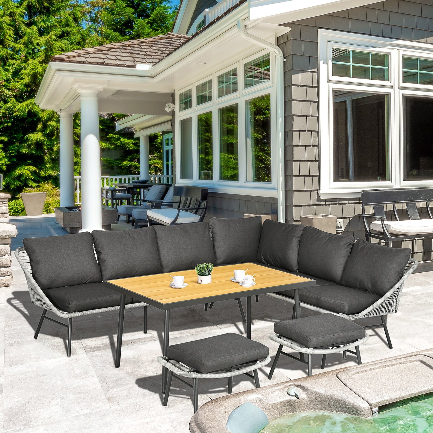 Zestaw mebli ogrodowych Outsunny 6 Seater z rattanu z sofą, podnóżkiem i stolikiem kawowym z drewna i plastiku, 193x72x75 cm, szary