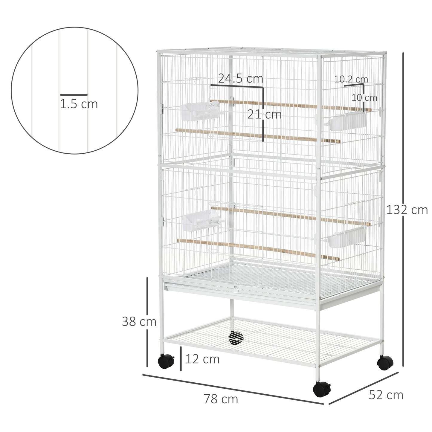 PawHut Duża klatka dla ptaków Budgie Cage dla Finch Kanarki Papużki z ruchomym stojakiem, wysuwaną tacą, półką do przechowywania, pojemnikami na żywność, biała