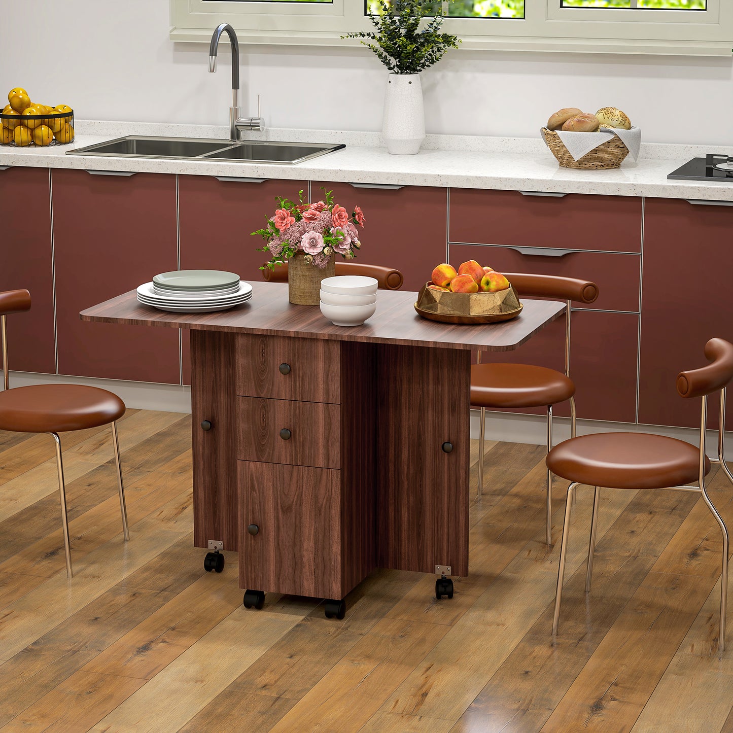 HOMCOM Multi-Storage Six-Person Drop Leaf Dining Table - Distressed Brown