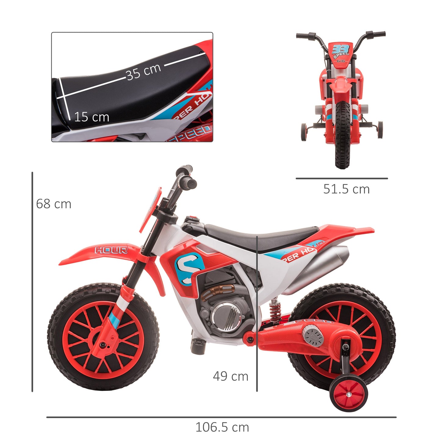 HOMCOM 12V Elektryczny Motocykl Dziecięcy Jeździk, z Kółkami Bocznymi, dla Dzieci w Wieku 3-6 Lat - Czerwony