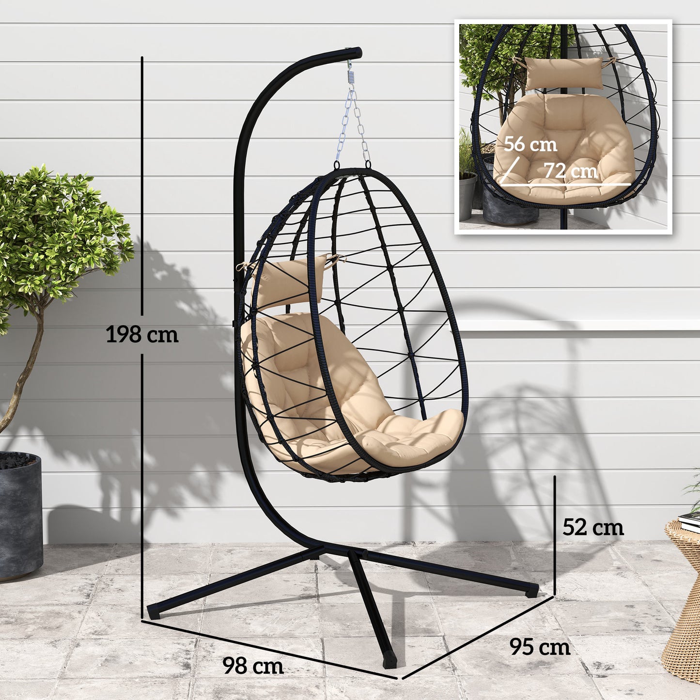 Outsunny Wiszący Fotel Jajko, Huśtawka Ogrodowa Ze Składanym Koszem, Gruba Poduszka, Wiszący Fotel Ogrodowy ze Stojakiem, Zagłówek na Patio, Balkon, Khaki