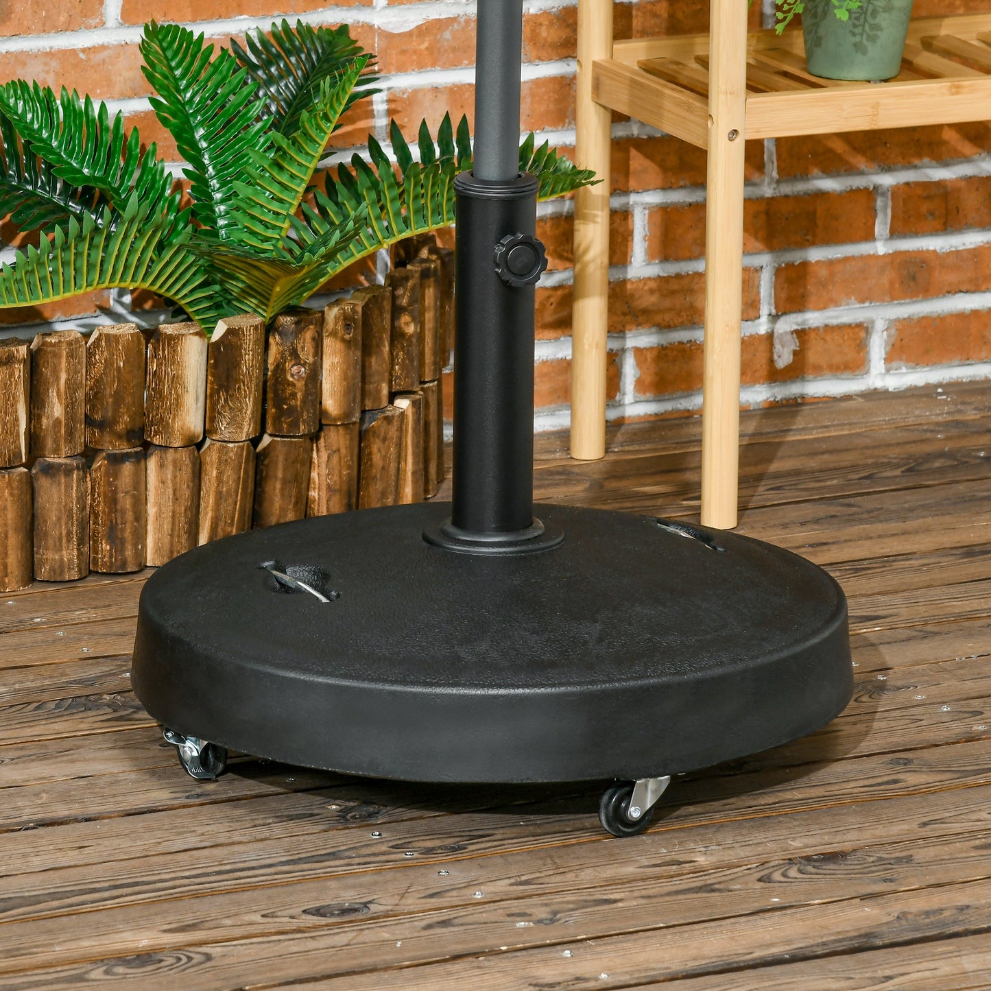 Outsunny 23.5kg Resin Garden Parasol Base with Wheels and Retractable Handles, Round Outdoor Market Umbrella Stand Weight for Poles of _38mm to _48mm, Black