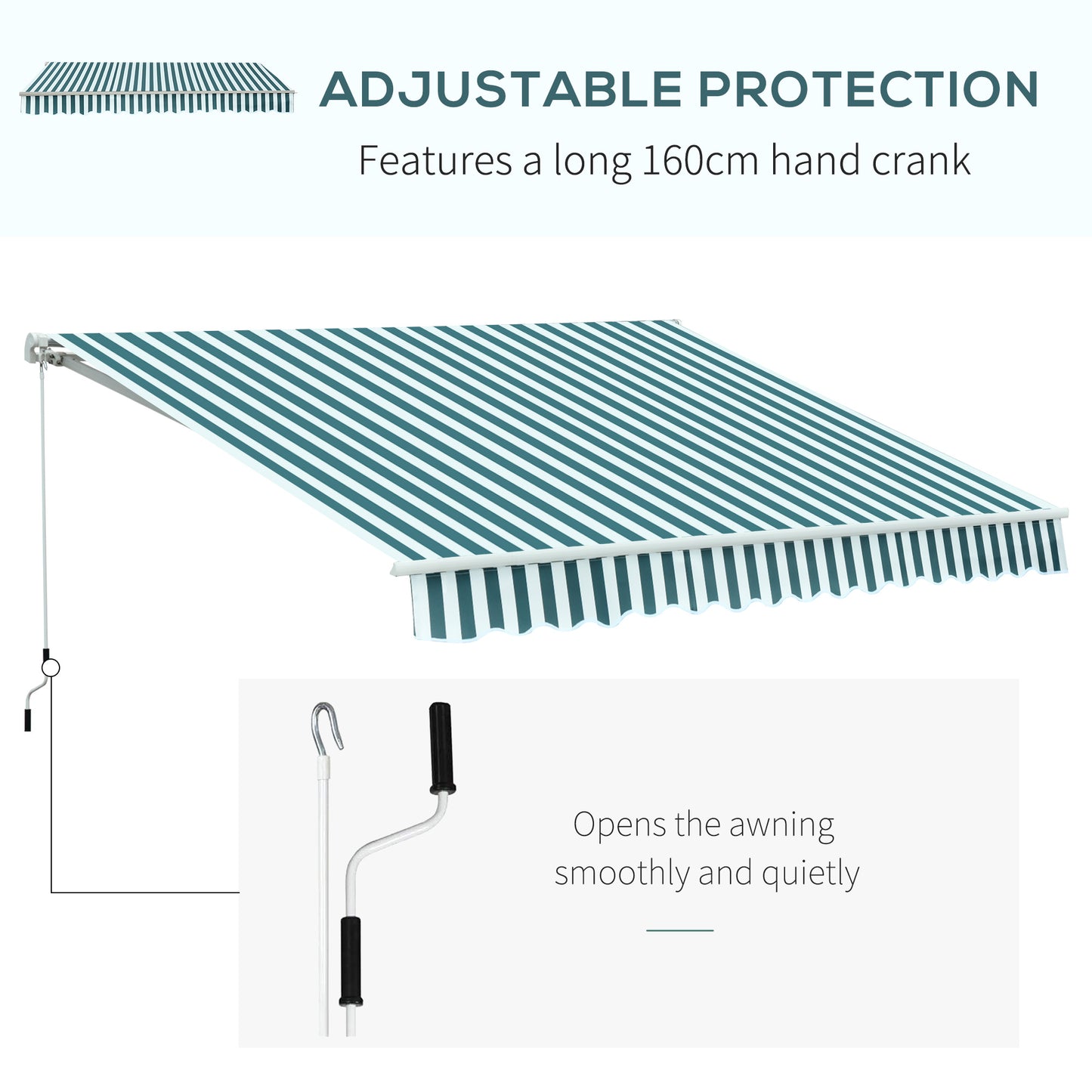 Outsunny 3 x 2.5m Patio Awning, Anti-UV and Waterproof Sun Shade Canopy with Chain Drive and Hand Crank, Green/White Stripes
