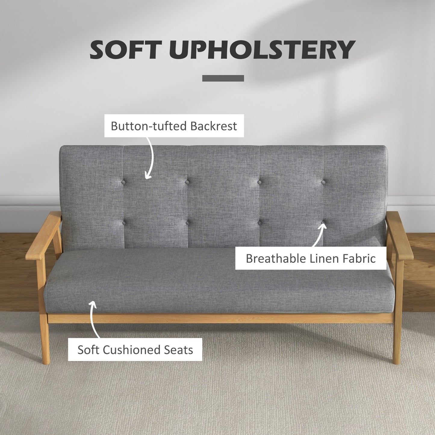 HOMCOM 3 Seater Sofa Modern Linen Fabric Upholstery Tufted Couch with Rubberwood Legs for Living Room and Kitchen, 155cm, Dark Grey