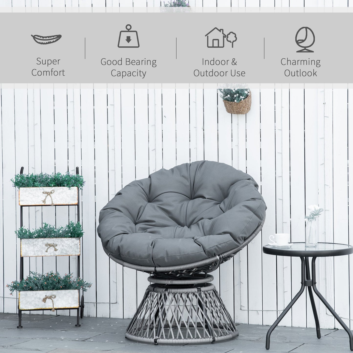 Outsunny 360¡ Swivel Rattan Papasan Moon Bowl Chair Round Lounge Garden Wicker Basket Seat with Padded Cushion Oversized for Outdoor Indoor, Grey