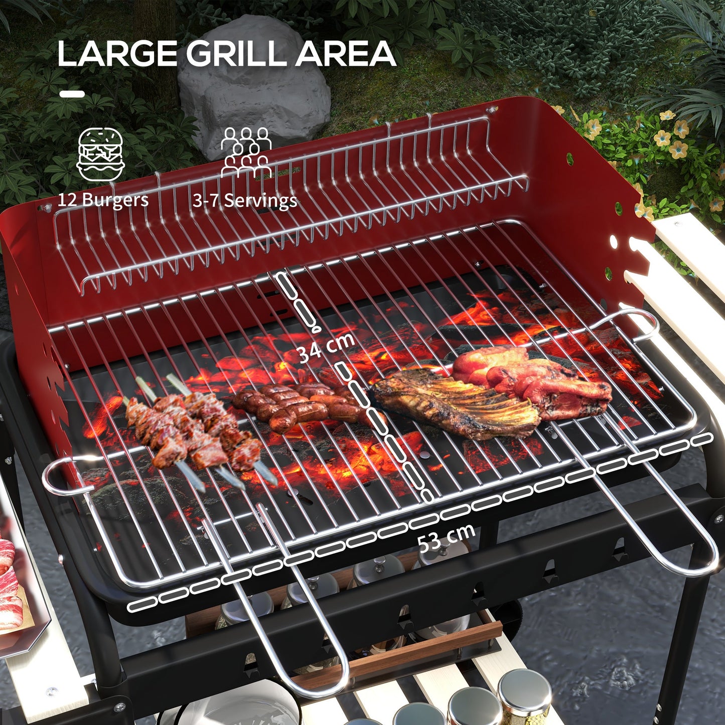 Grill węglowy Outsunny z rusztem grillowym na pięć pozycji - czerwony