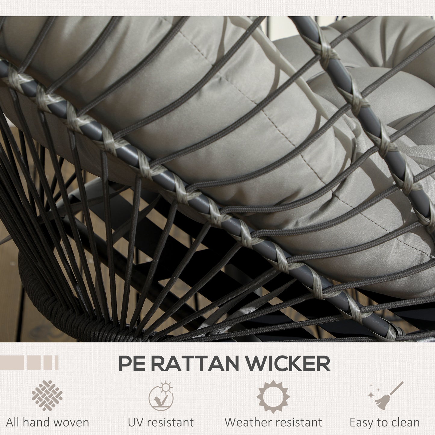 Outsunny Outdoor PE Rattan Swing Chair ze składanym koszem i poduszką, Garden Patio Hanging Egg Chair ze stojakiem metalowym, zagłówek do wewnątrz i na zewnątrz, jasnoszary