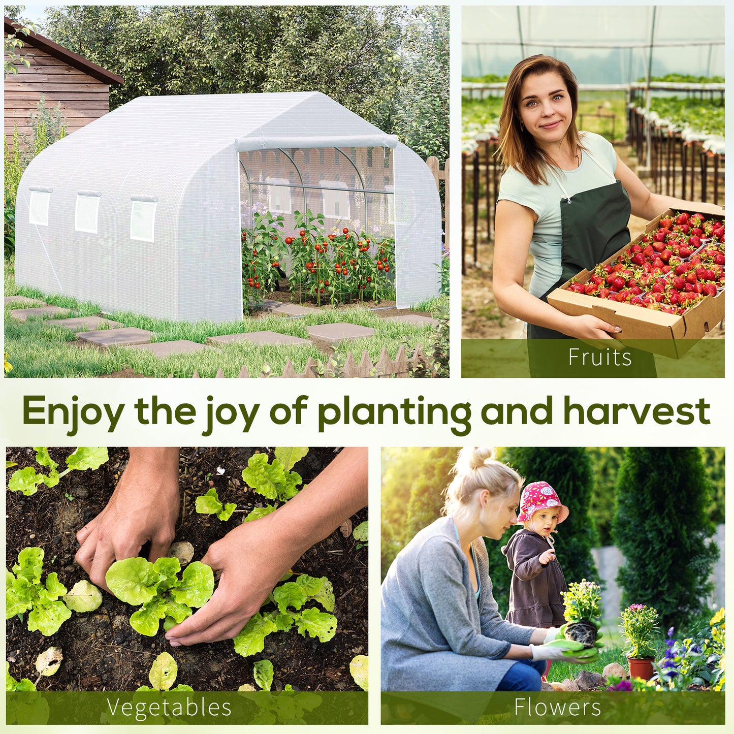 Outsunny Walk-In Polytunnel Greenhouse Warm House Garden Tunnel Shelter Plant Shed with Door and Windows, ocynkowana rama stalowa, 4,5 x 3 x 2 m, biały