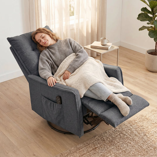 HOMCOM Recliner Armchair, Chenille Recliner Chair with Massage and Heat, 360° Swivel Rocking Manual Recliner, Dark Grey