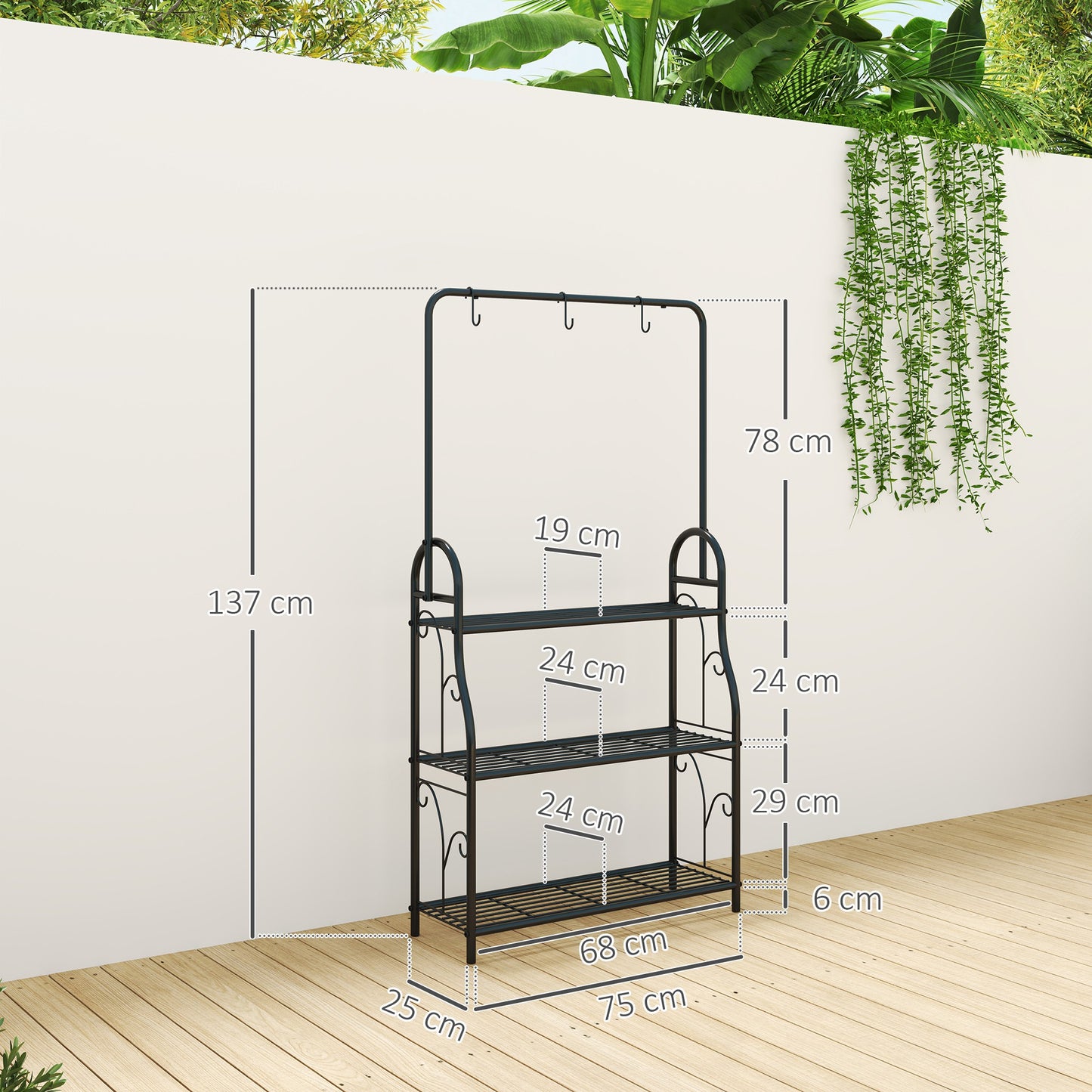 3-poziomowy stojak na rośliny Outsunny z drążkiem i haczykami, metalowa półka na rośliny, doniczka drabinkowa do wnętrz, na balkon, werandę, do salonu, sypialni, czarny