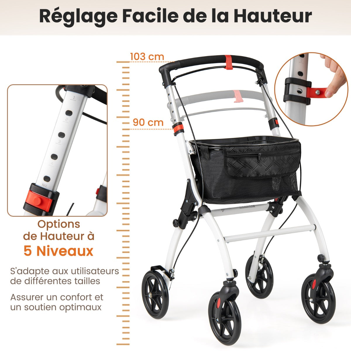 Rollator Walkers Lightweight Foldable Rolling Walker with Tray for Seniors-White