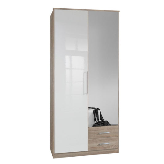 GEMA 2 Door 2 Drawer Mirrored Wardrobe Oak and White Gloss 90cm