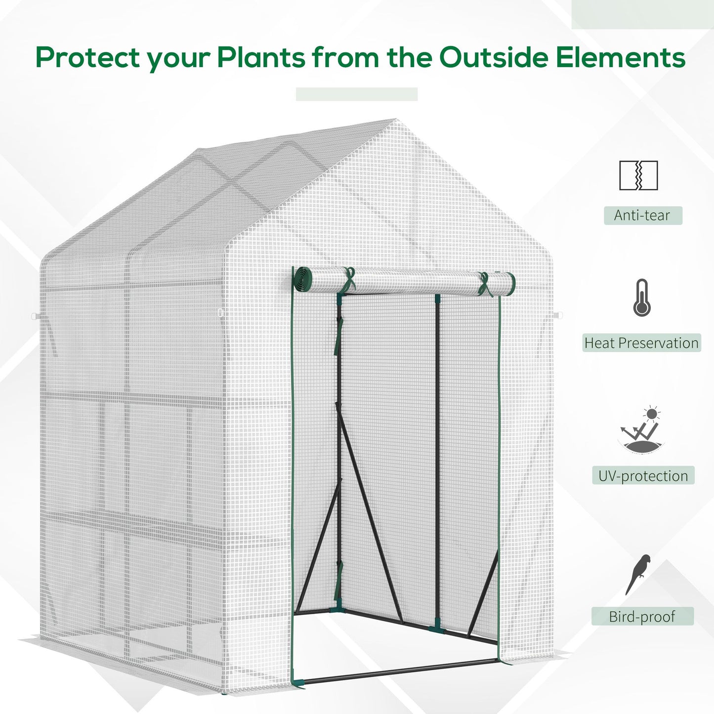 Outsunny Walk In Greenhouse z 2-poziomową półką, przenośna szklarnia do uprawy roślin, pomidorowa szklarnia z rolowanymi drzwiami z zamkiem błyskawicznym, wzmocniona osłona z PE, 143 x 143 x 195 cm, zielona