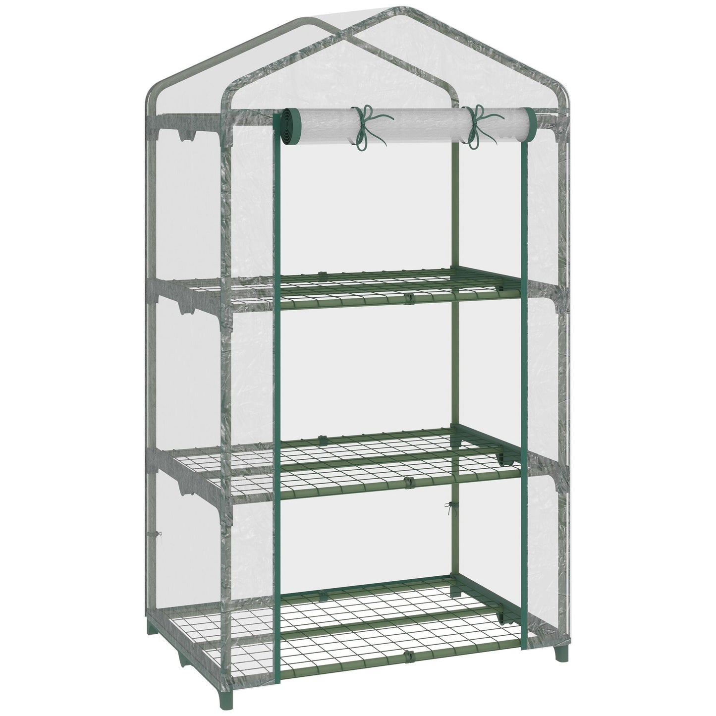 Outsunny 3-poziomowa mini szklarnia przenośna szklarnia ogrodowa z rolowanymi drzwiami i półkami z drutu, 69 dł. x 49 szer. x 125 wys. cm, przezroczysta