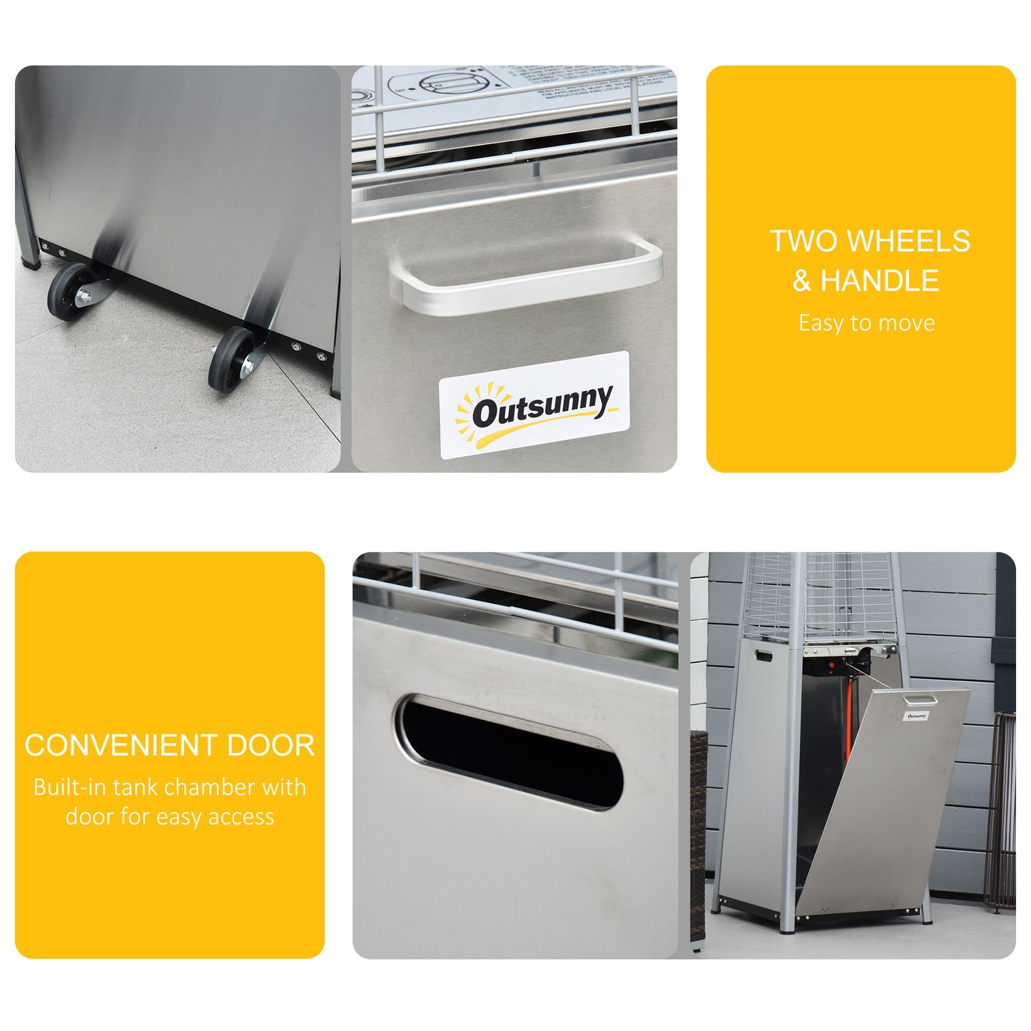 Outsunny 11,2 kW, zewnętrzny, tarasowy, gazowy, stal nierdzewna, piramida, propan, wolnostojący, wieżowy grzejnik ogrodowy z kółkami, osłoną przeciwpyłową, regulatorem i wężem, srebrny