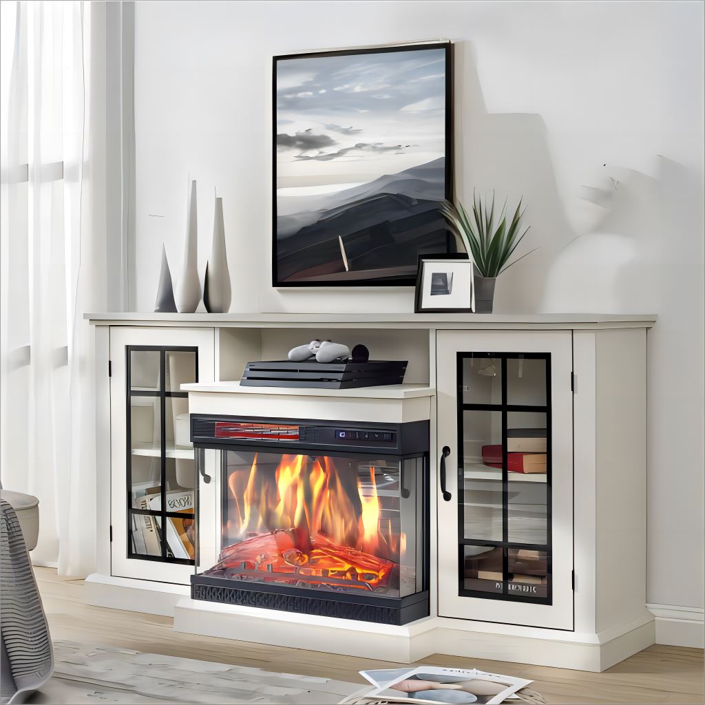 Smallbee 3-Sided Fireplace TV Stand Wood With Glass Door Storage