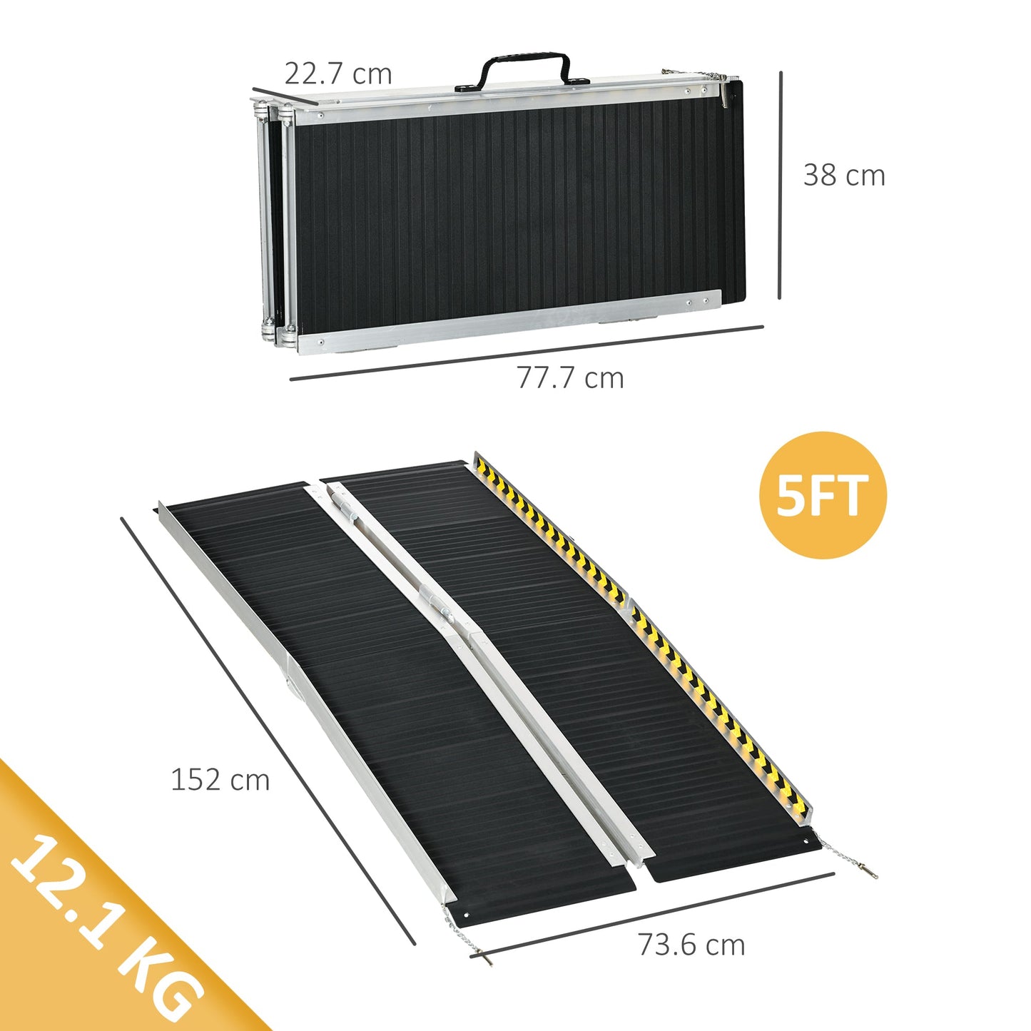 Podjazd dla wózków inwalidzkich HOMCOM, 152 dł. x 73 szer. cm, udźwig 272 kg, składany aluminiowy próg z powierzchnią antypoślizgową, płyty przejściowe powyżej i poniżej do domu, schodów, krawężników, przejść