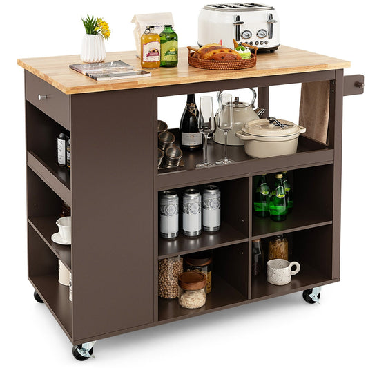 Mobile Serving Trolley Cart with Rubber Wood Top and Drawer-Brown