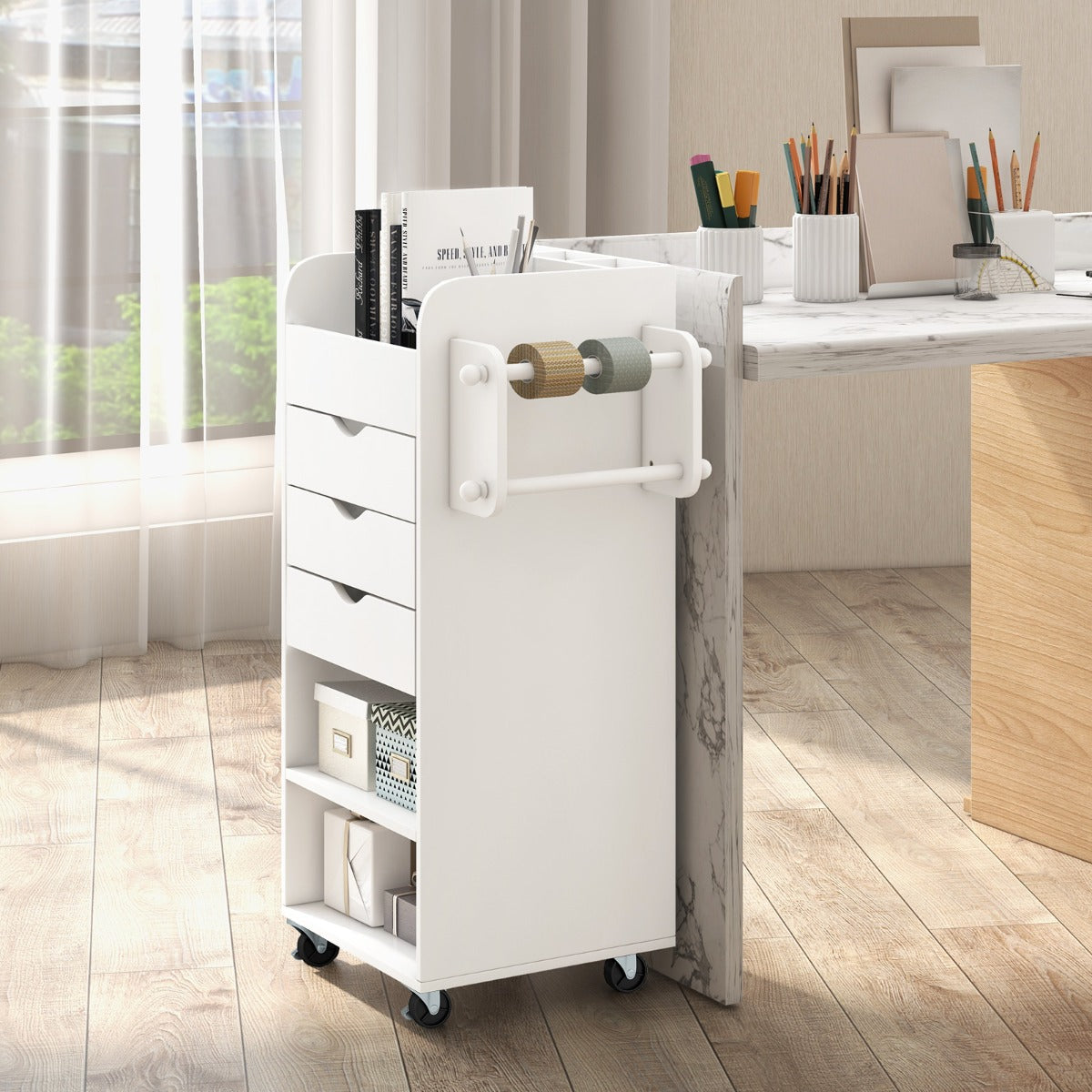 Utility Trolley with Open Shelves and 3 Drawers-White