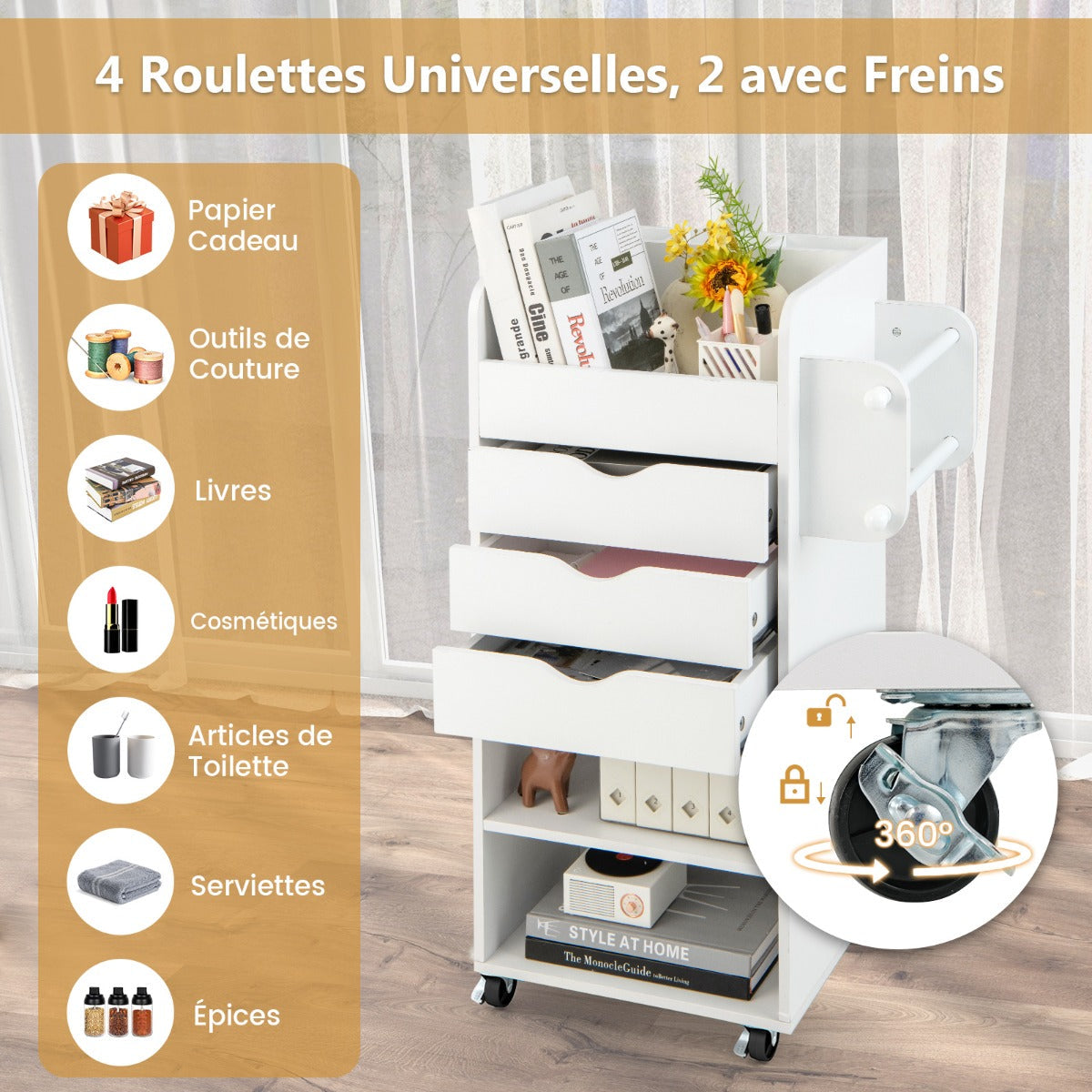 Utility Trolley with Open Shelves and 3 Drawers-White