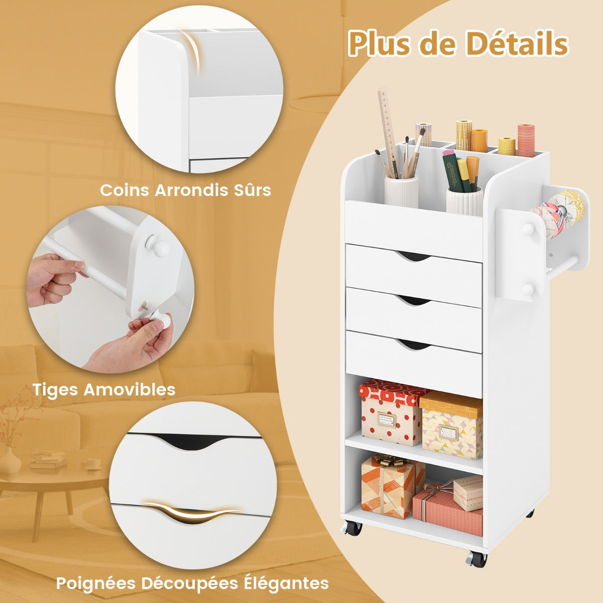 Utility Trolley with Open Shelves and 3 Drawers-White